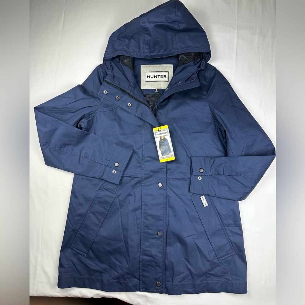 Hunter Navy water resistant cotton smock Hooded Jacket New